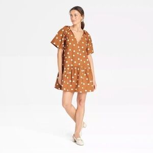 a new day Brown Polka Dot Poplin 100% Cotton Mini Dress Coquette Girlhoodcore